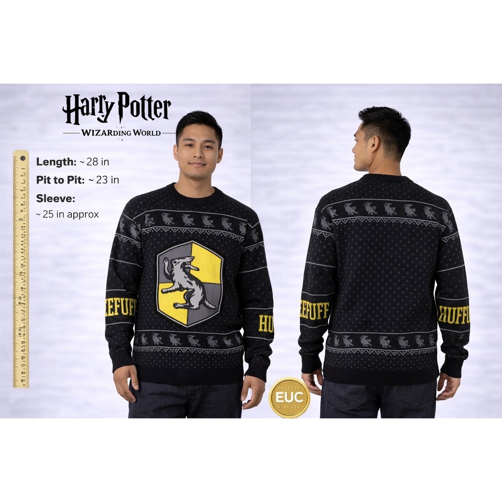 Harry Potter Hufflepuff‎ Sweater Mens Medium Black Yellow Badger Knit Pullover